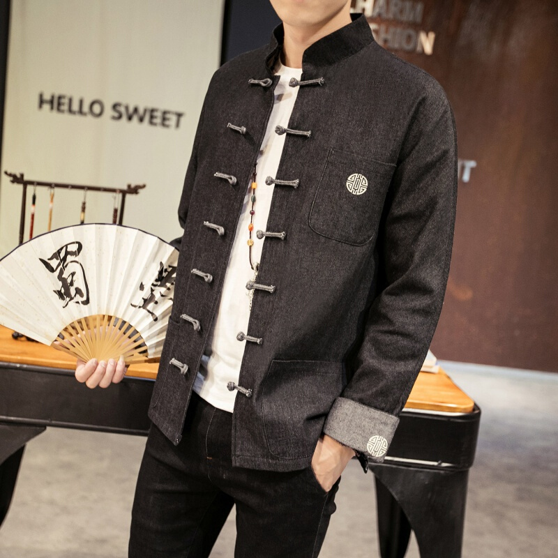 梵克公牛中国风男装盘扣刺绣牛仔衣外套秋装大码复古夹克潮流中式青年
