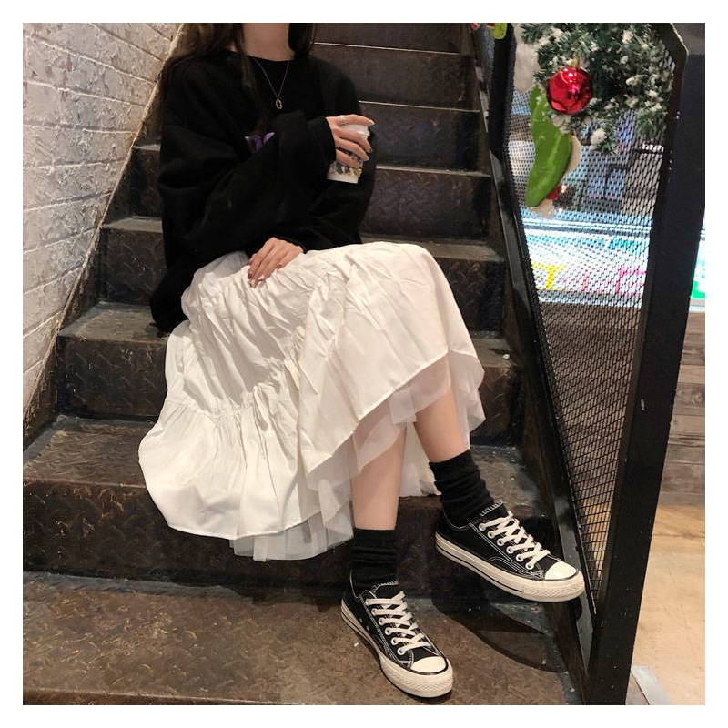 夏装韩版学院风网纱拼接半身裙女学生宽松百搭仙a字裙长裙ins潮