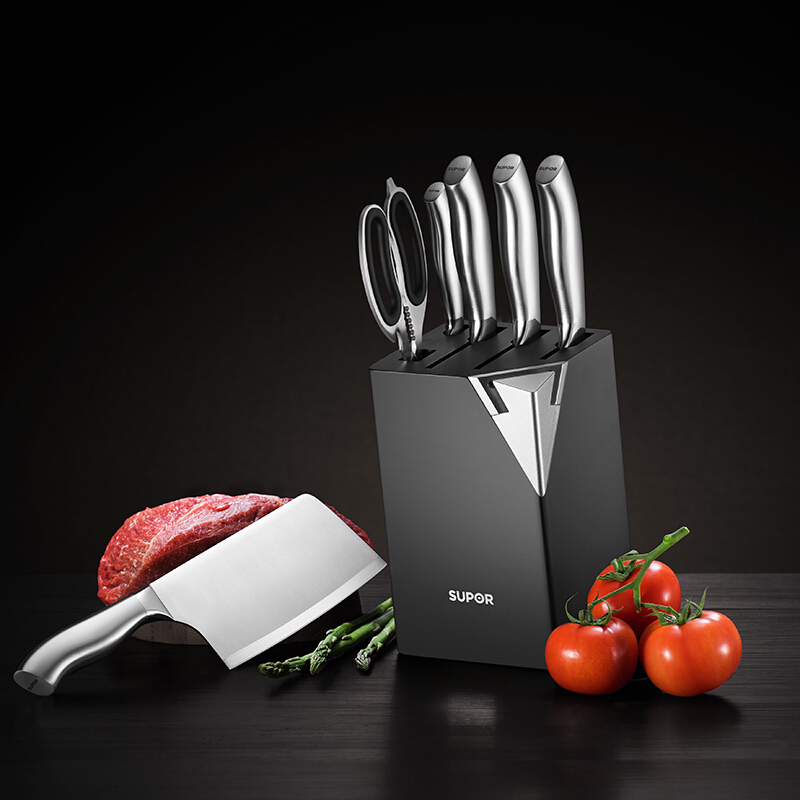 苏泊尔(SUPOR)菜刀不锈钢套刀厨房七件套组合切片刀果蔬刀剁骨刀剪刀水果刀磨刀器松木底座 TK1642E高清大图