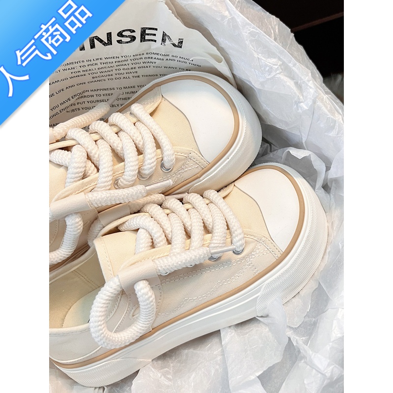 SUNTEK香港潮牌帆布鞋女鞋春秋新款韩版圆头低帮小白鞋百搭厚底休闲鞋女高清大图