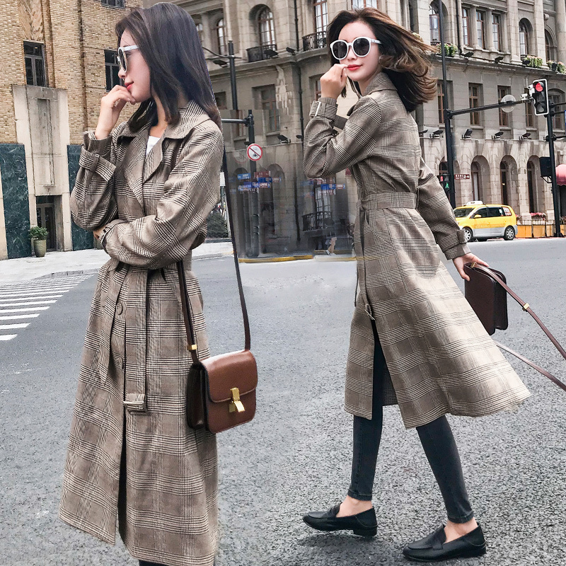 格子风衣女装新品女士春秋韩版收腰系带宽松学生年轻外套中长款潮