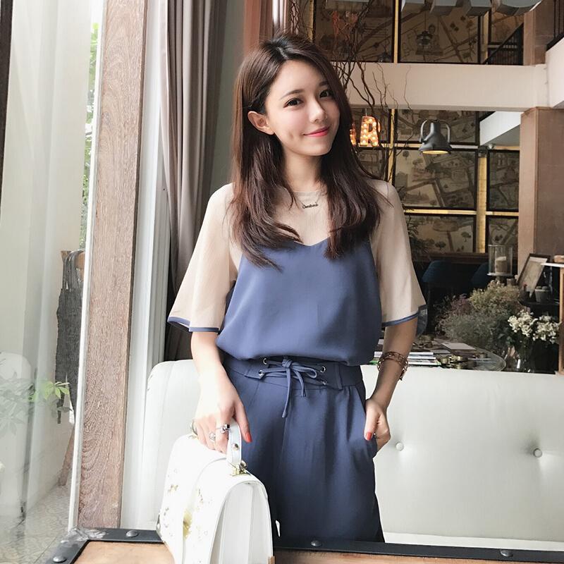 [带短裤三件套女夏韩版雪纺衫带休闲套装短裤时尚三件套蓝色
