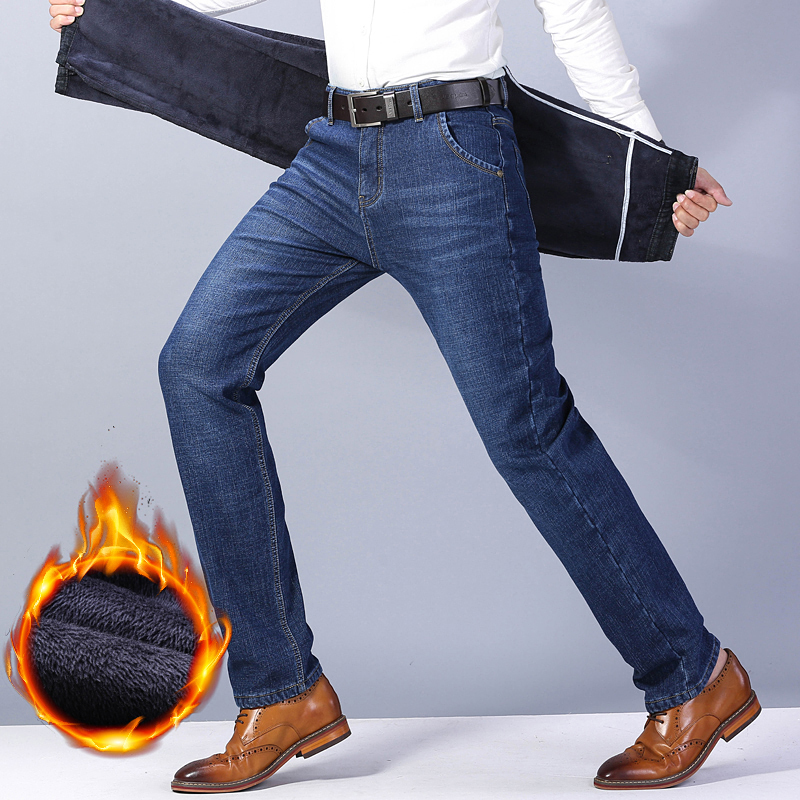 爷特yete男士冬季弹力加绒牛仔裤男加厚宽松直筒中年保暖带绒男裤