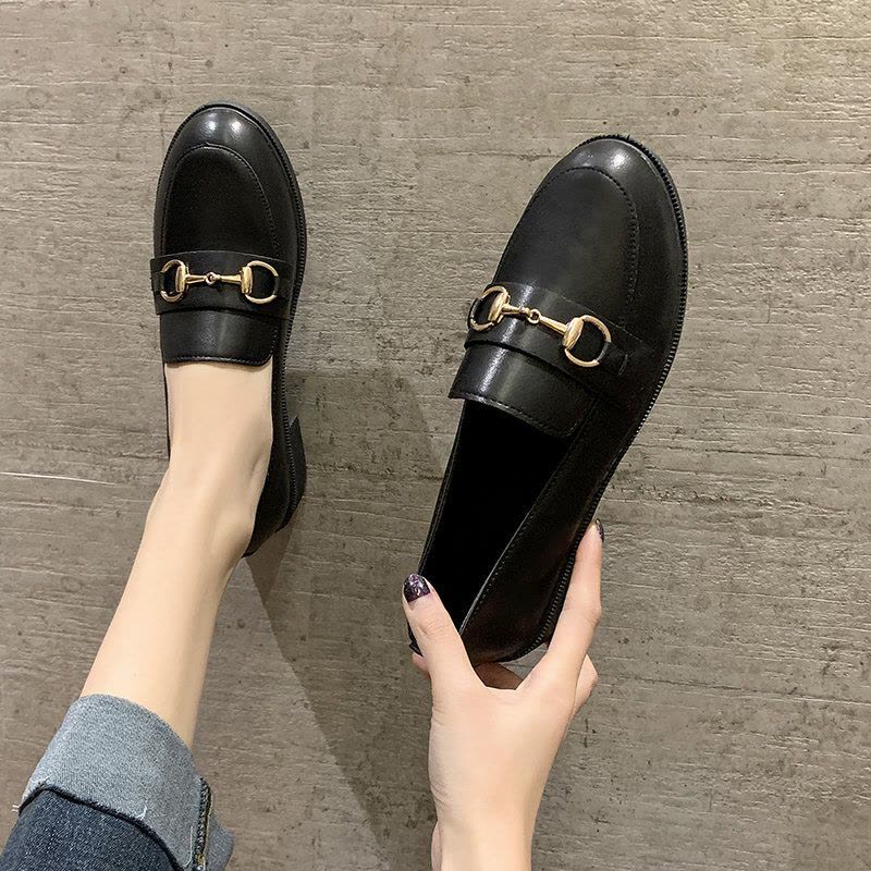 述雅英伦风小皮鞋女2020新款春季学生百搭黑色一脚蹬ins粗跟中跟单鞋图片
