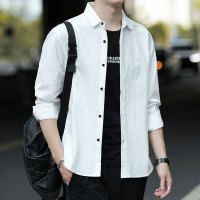 跨洋(KUAYANG)男装2020春季新款衬衫男时尚潮流百搭纯色翻领开衫简约衬衣外套
