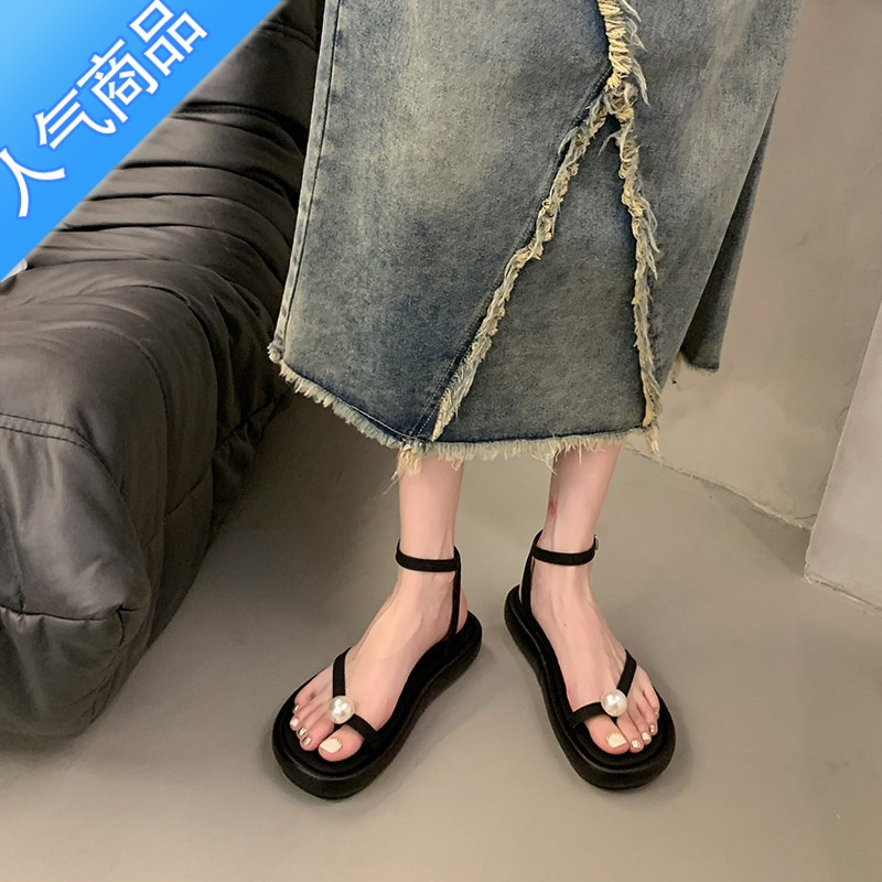 SUNTEK配裙子时尚法式凉鞋女2023夏季新款设计感小众珍珠夹趾时装罗马鞋