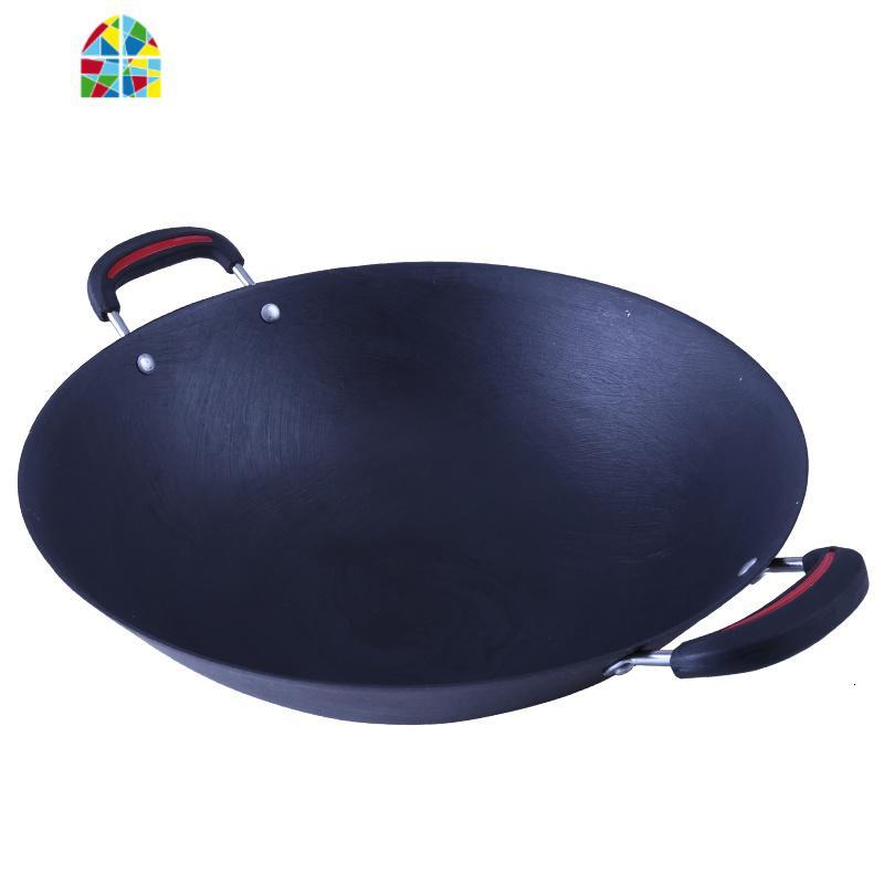 陆川铸铁锅无涂层加厚生铁炒锅圆底双耳传统老式家用燃气灶用 FENGHOU 50cm圆底加厚原生态+高顶钢盖