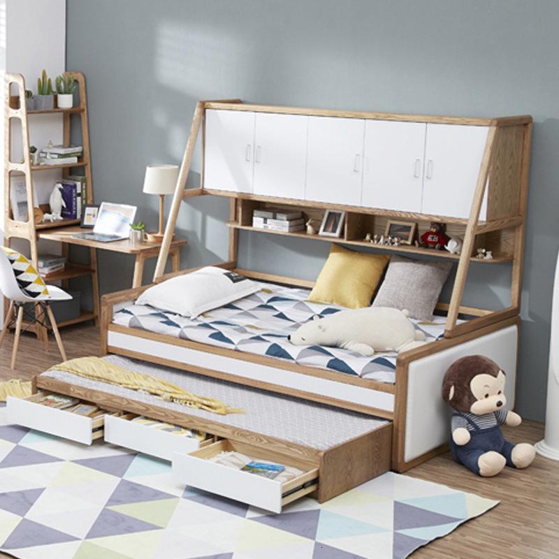 儿童实木床可收纳拖床抽拉床卧室家具儿童床实木多功能书柜一体小户型