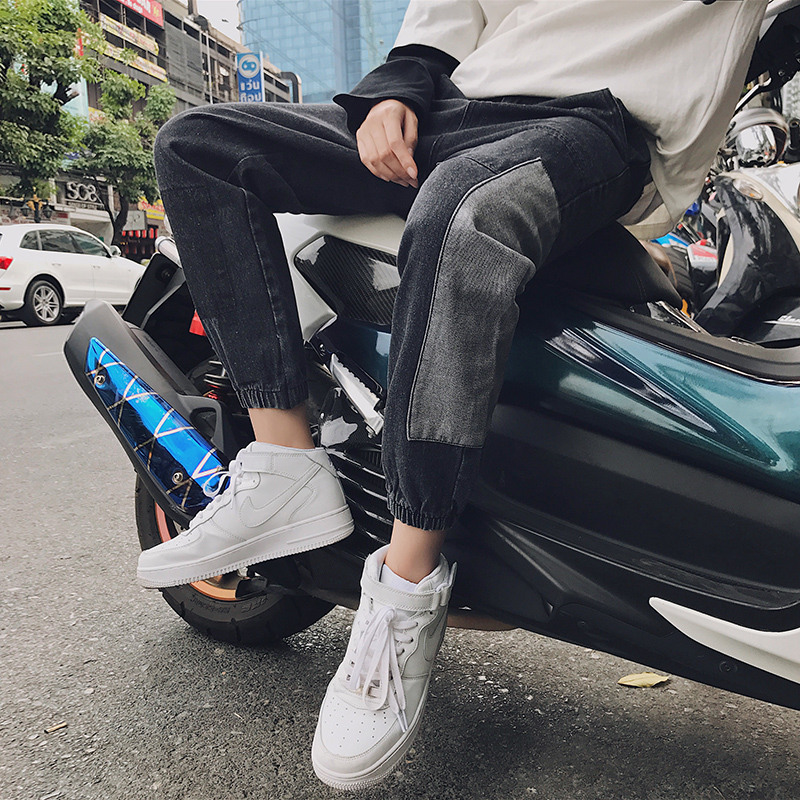 日系复古黑色裤子男韩版时尚收口牛仔裤春夏百搭修身束脚裤小脚裤