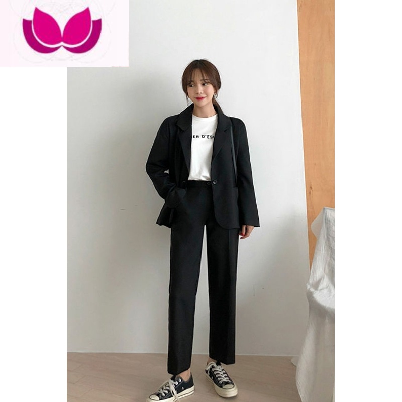 七斓2023新款休闲小西装套装女韩版宽松小个子正装面试西服套 黑一粒扣春秋款外套+长裤标准尺码 2XL建议130-140