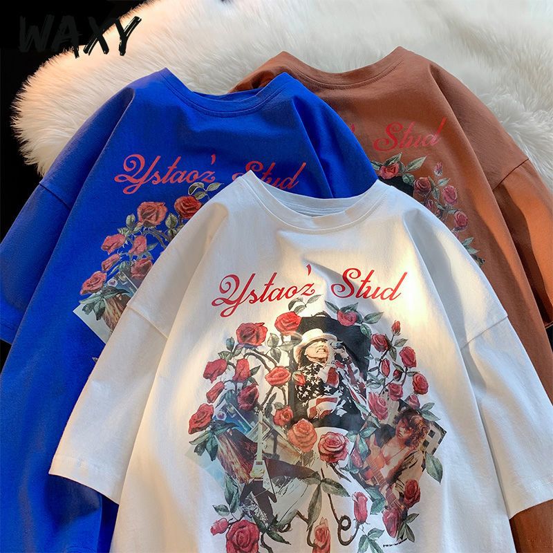 WAXY纯棉圆领国潮t恤男运动夏季新款高街oversize宽松半袖男装ins