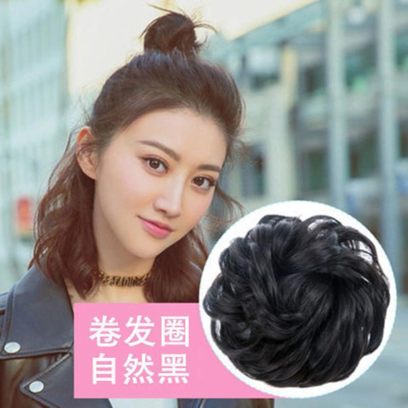 丸子头假发女发圈花苞全真发蓬松自然卷发包假头懒人盘发器半抓夹 假发卷发圈-自然黑