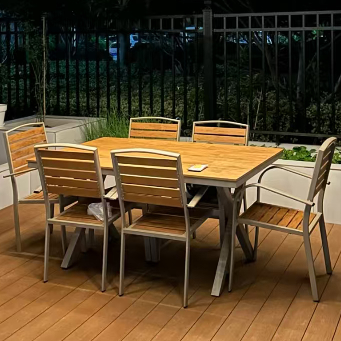 室外防水防晒户外桌椅庭院阳台休闲餐桌外摆露台椅子 6椅+130*80cm长桌高清大图