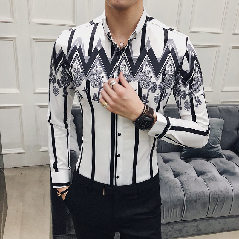 2018新款英伦 印花衬衫男士夜店型师修身长袖衬衫男商务休闲
