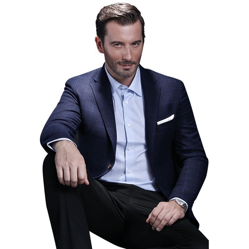 西服培罗蒙中年男士商务休闲单西后中开叉蓝色格子修身西装外套edxbh