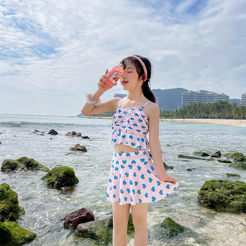 儿童泳衣女女童中大童学生保守分体高腰公主裙式可爱分体比基尼