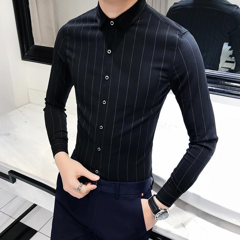 2018春夏新款青年时尚韩版修身衬衫潮男士青年百搭村衣型师条纹