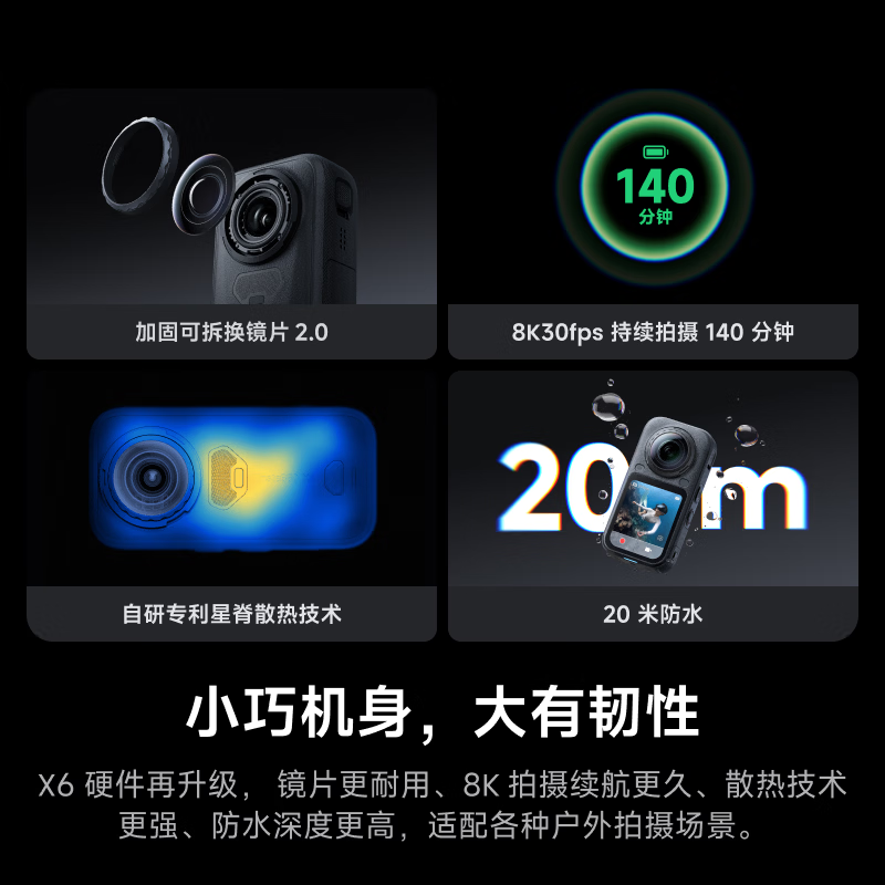 影石Insta360 X6 全景运动相机8K高清防抖防水手持口袋摄像机 公路骑行套装(一体把)极夜黑高清大图