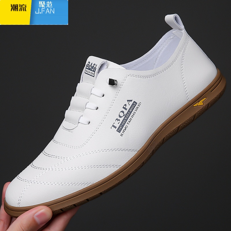 聚范凉皮鞋男鞋夏季镂空透气软底白色休闲鞋透气懒人一脚蹬驾车聚高清大图