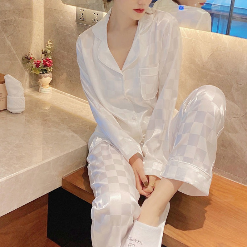 睡衣女春秋款冰丝长袖长裤大码翻领睡衣女家居服