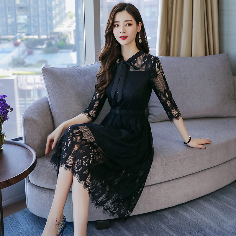 蕾丝连衣裙女中长款2018夏新款韩版气质百搭收腰黑色打底a字裙子
