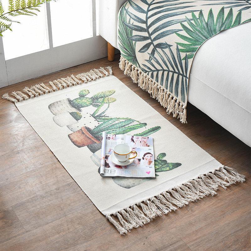 家柏饰(CORATED)棉麻地毯卧室床边毯榻榻米地垫日式布艺编织可机洗客厅茶几脚垫子 仙人掌 60x90cm+20cm流苏