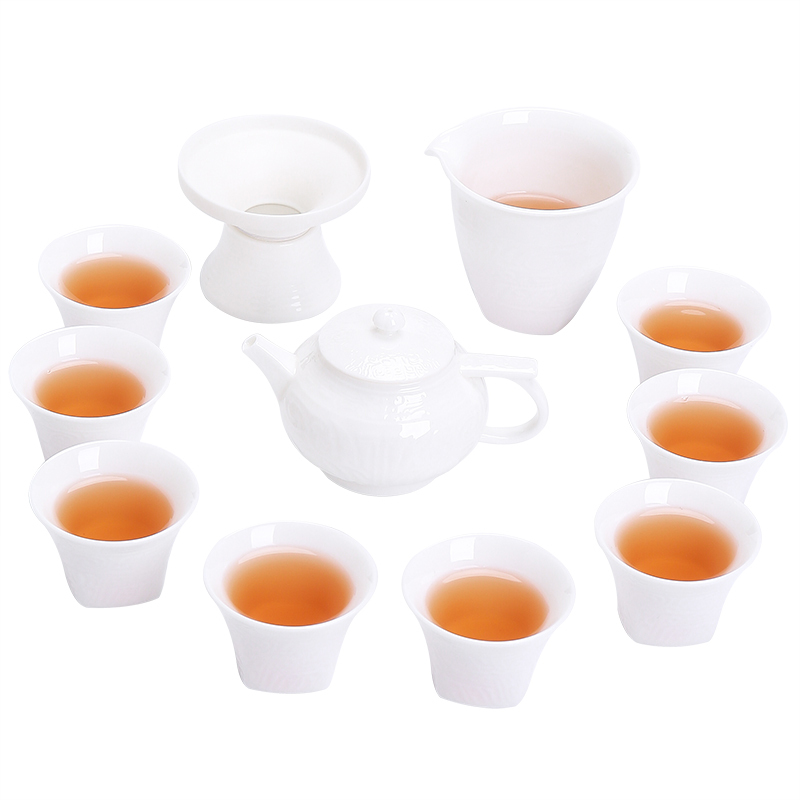 苏氏陶瓷(SUSHI CERAMICS)羊脂玉功夫茶具套装古青铜器纹浮雕工艺高品质功夫茶杯带礼盒套装高清大图