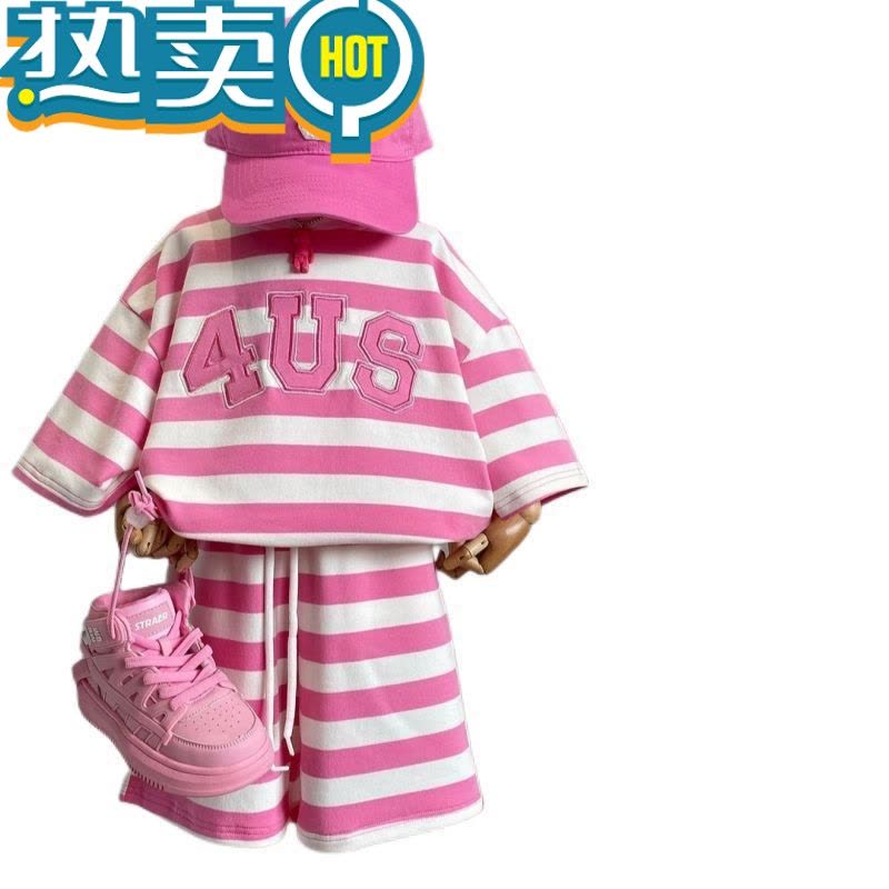 绿彩虹光中小儿童短袖套装2023夏季女童宝宝条纹刺绣休闲T恤短裤两件套潮图片