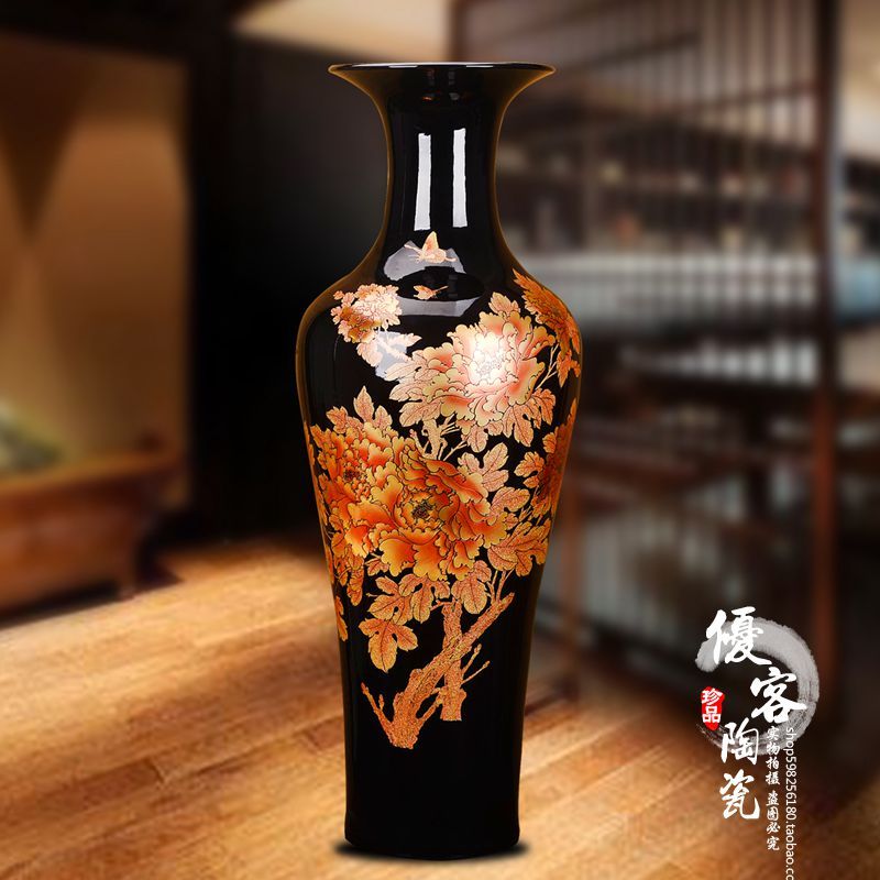 陶瓷花瓶水晶釉花开富贵牡丹花落地大花瓶家居客厅摆件 三维工匠 黑金沙1.4米一根