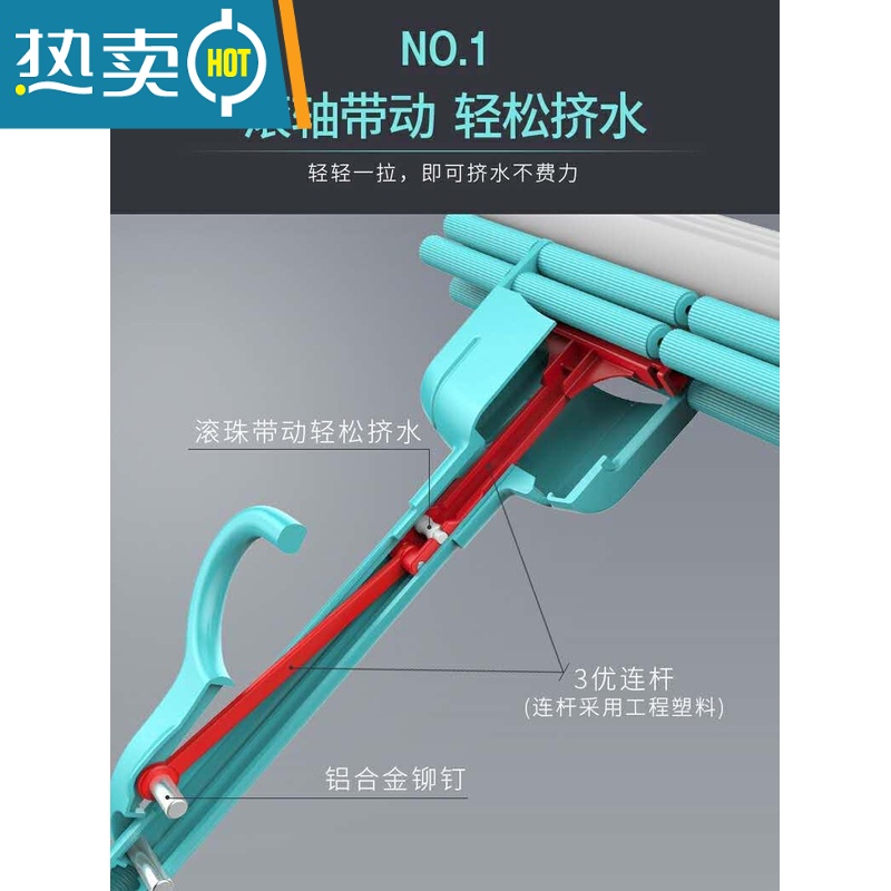 XIANCAI3优连杆不锈钢滚轮式挤水吸水海绵胶棉拖把拖布免手洗地拖高清大图