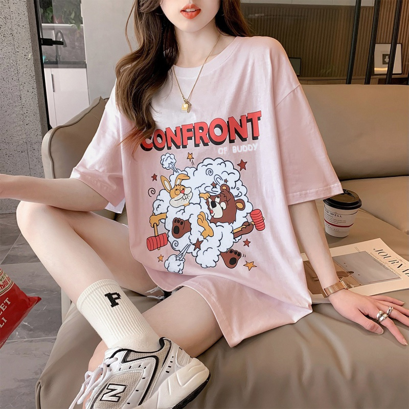 唐狮 清凉夏季短袖T恤女新款卡通印花圆领慵懒风上衣可爱时尚百搭