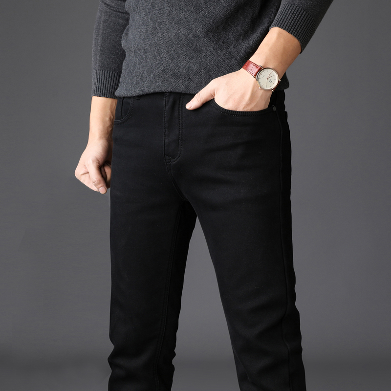 金盾(kin don)纯黑色牛仔裤男修身小脚裤弹力显瘦紧身韩版潮秋冬厚款