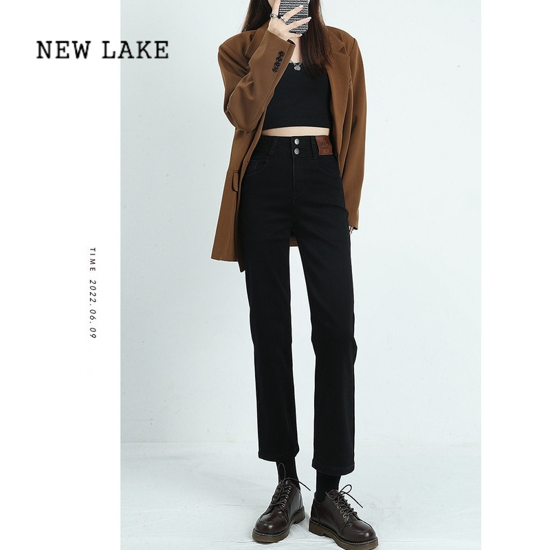 new lake微胖穿搭黑色直筒牛仔裤女春秋大码胖mm梨形胯大显瘦高腰烟管
