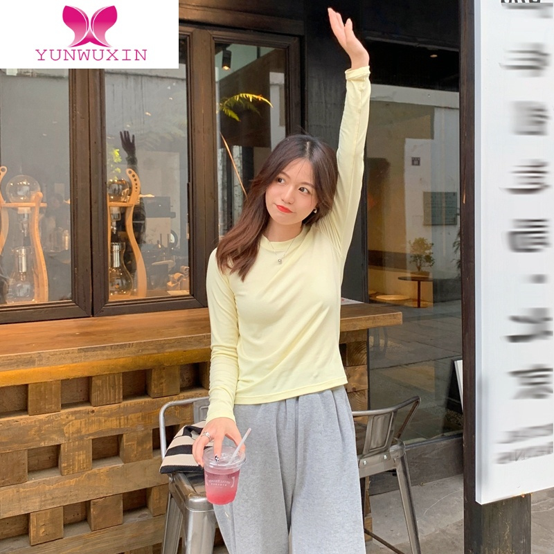 YUNWUXIN奶蓝/淡黄/白色 秋季长袖t恤洋气修身内搭打底衫女短款上衣纯欲风T恤