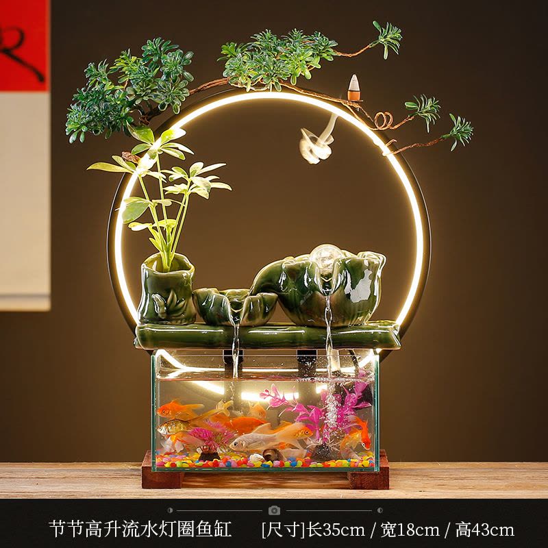 陶瓷流水生财玻璃鱼缸摆件客厅电视柜装饰轮办公开业乔迁礼品图片