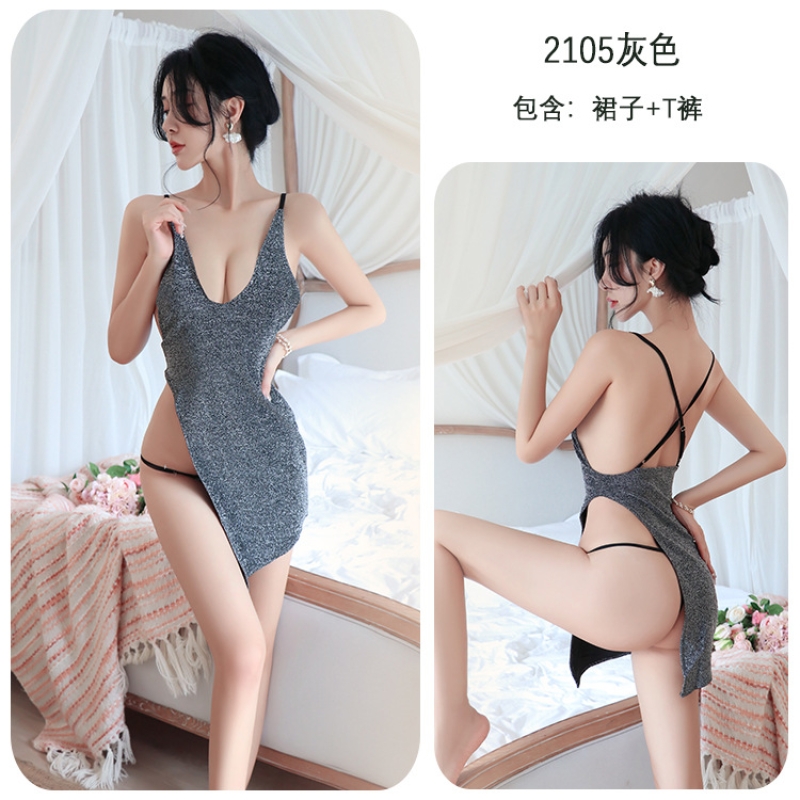 长夜漫漫情趣内衣性感闪亮吊带开叉裙女夜店制服诱惑免脱睡衣2105 灰色 均码(80-125斤)