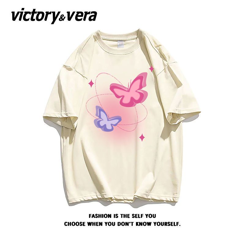 VICTORYVERA软糯风盐系短袖蝴蝶印花t恤女2022夏季宽松纯棉体恤衫
