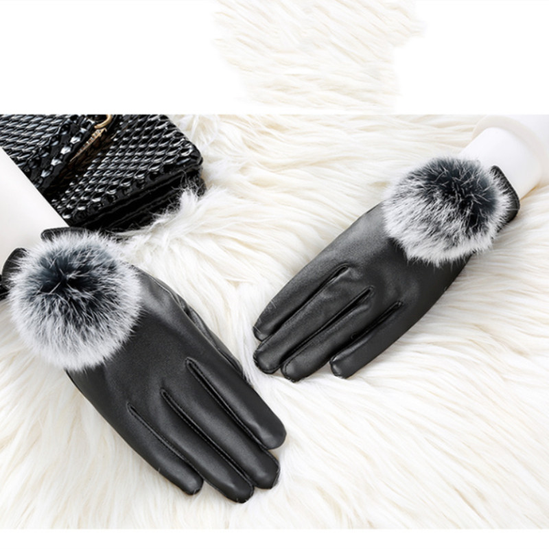 女士可爱兔毛皮手套女秋冬加厚保暖女式时尚韩版触屏骑车手套学生