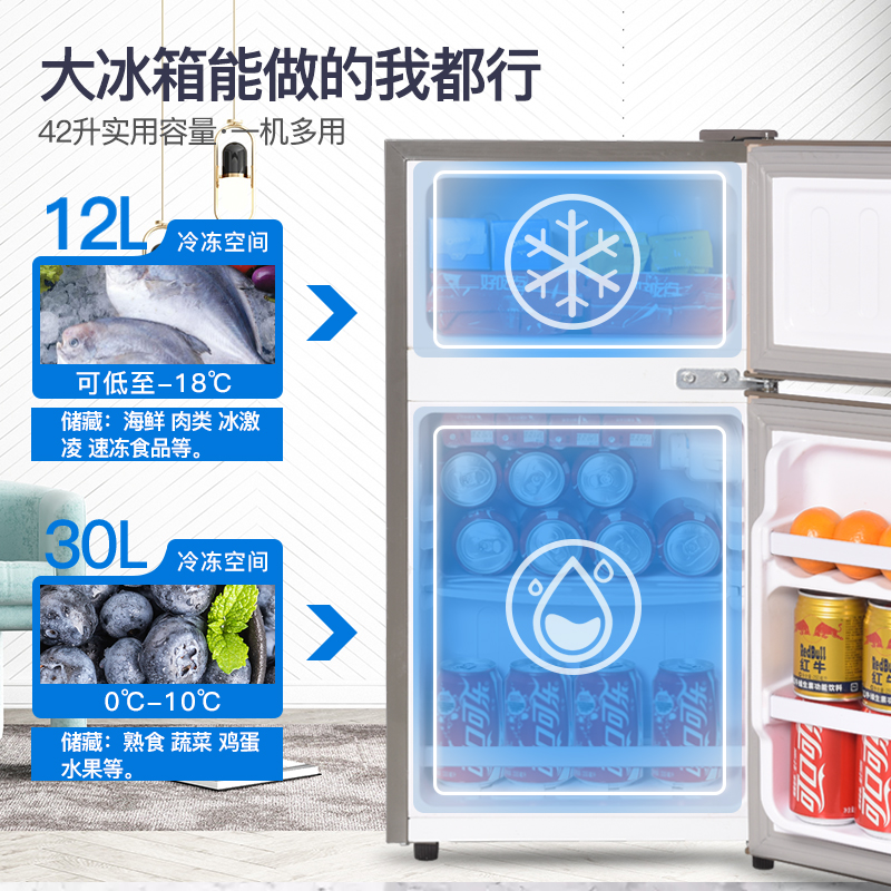 香雪海 小冰箱 家用小型双门冰箱 一级能效电冰箱 迷你小型节能冷藏冷冻 租房 宿舍冰箱 42S118E 蓝色高清大图