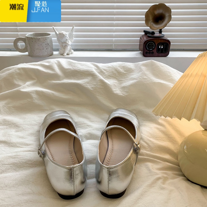 聚范方头浅口百搭平底银色玛丽珍单鞋女2024新款夏季法式配裙子小皮鞋高清大图