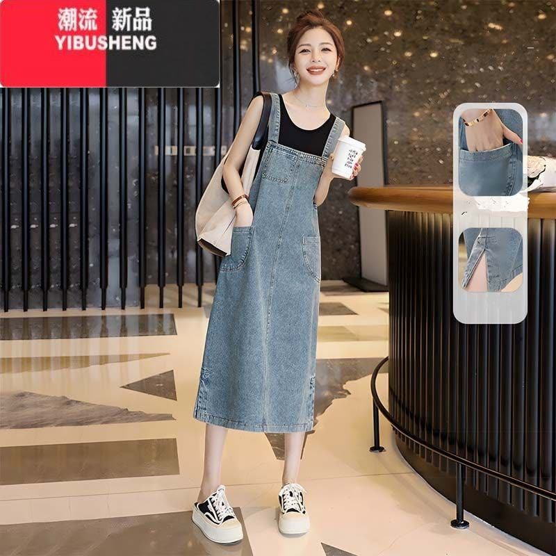 YIBUSHENG2024新款韩系可爱牛仔背带裙女春秋学院风宽松复古中长款连衣裙图片