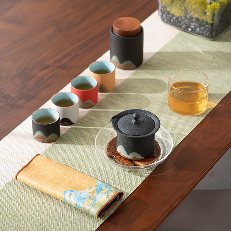 苏氏陶瓷(SUSHI CERAMICS)手绘釉画彩千里江山四色杯行云壶套装禅黑文创伴手礼套组
