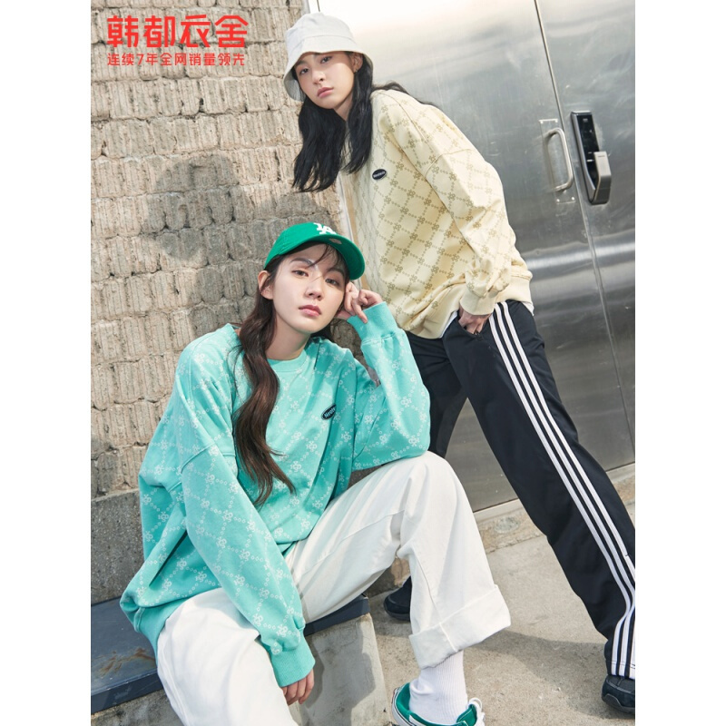 韩都衣舍老花卫衣女宽松韩版2021早春新款闺蜜情侣炸街上衣RE7549