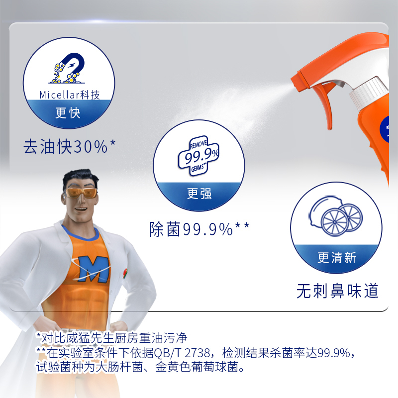威猛先生厨房一站式油污清洁剂元气柠檬500g*2瓶油烟机灶台桌面墙面去油除菌清洁(补充装无喷头)