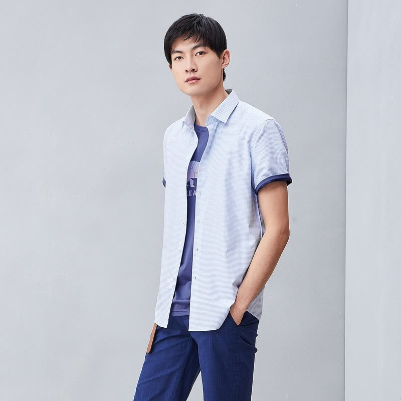 h2000男士衬衫 【名厂剪标】夏季时尚简约舒适短袖衬衫湖蓝花纹【价格