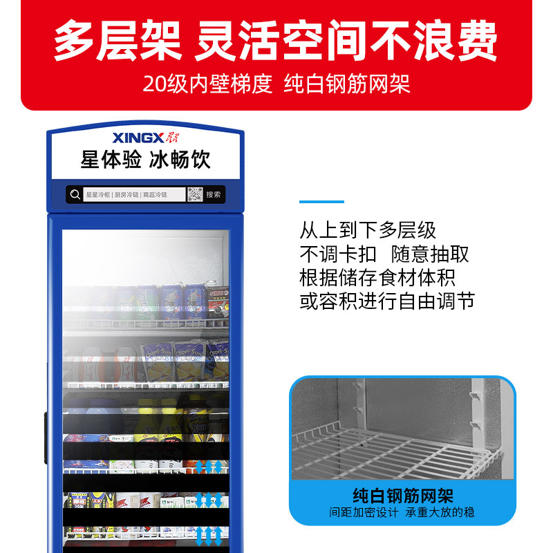 星星(XINGX) 280升展示柜 立式冰柜 保鲜柜 饮料柜 商用 双层玻璃更锁冷 饮品展示更直观 LSC-280G