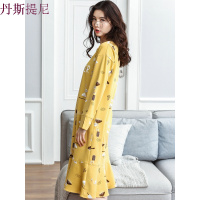睡裙女秋纯棉中裙韩版长袖大码睡衣清新中长款家居服春秋季可外穿