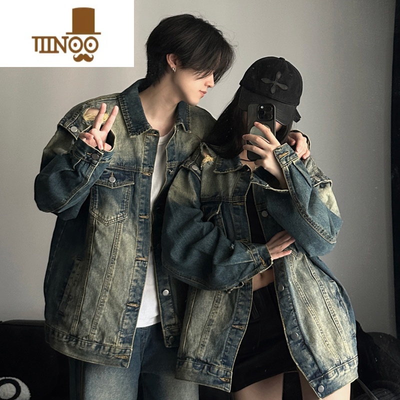 YANXU美式复古水洗做旧牛仔外套早秋情侣装设计感宽松破洞翻领夹克上衣高清大图