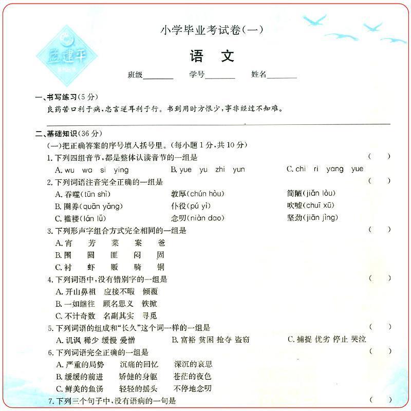 孟建平2021小升初小学语文数学英语科学毕业考试卷小升初模拟试卷 小学语文毕业考试卷