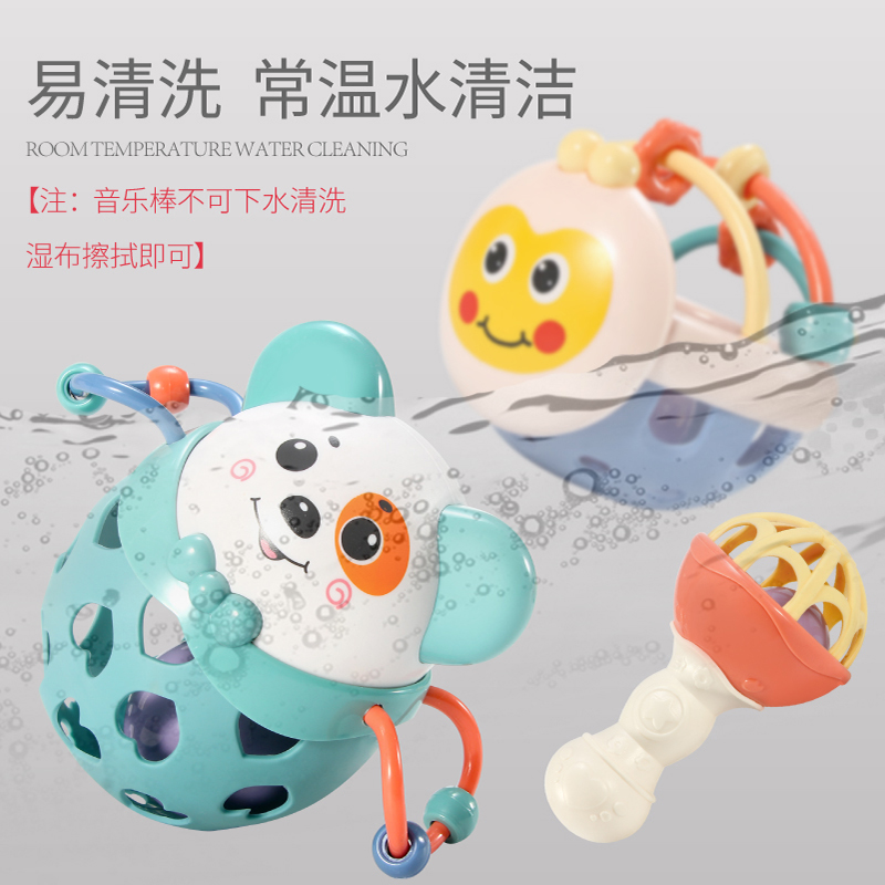 婴儿玩具0到1岁半抓握训练宝宝两三五个月手摇铃3手抓6可咬 益智摇铃5件套[彩盒套装]+菠萝手机[3色随机]-送电池螺丝高清大图